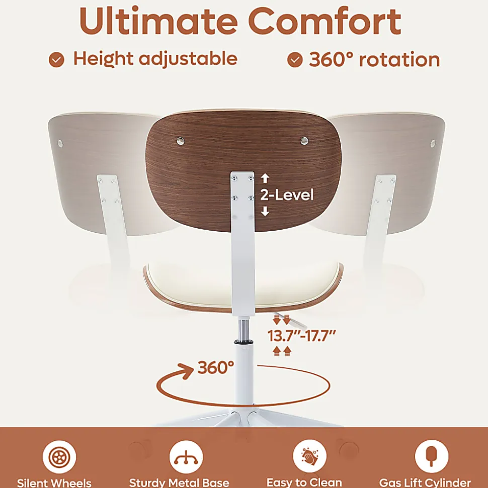 Bestier Ergonomic Faux Leather Mid-Back Armless Office Task Chair With Swivel Curved Seat, White