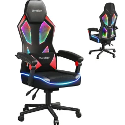 Bestier Ergonomic Gaming Chair With Integrated LED Lights, Black/Red