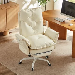 Bestier Ergonomic PU Leather High-Back Cross-Legged Executive Office Chair, Beige, H200671AMWP