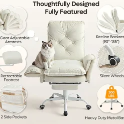 Bestier Ergonomic PU Leather High-Back Cross-Legged Executive Office Chair, Beige, H200671AWHTS