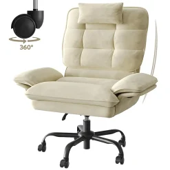 Bestier Ergonomic Velvet High-Back Swivel Executive Office Chair With Adjustable Padded Arms And Padded Headrest, Beige