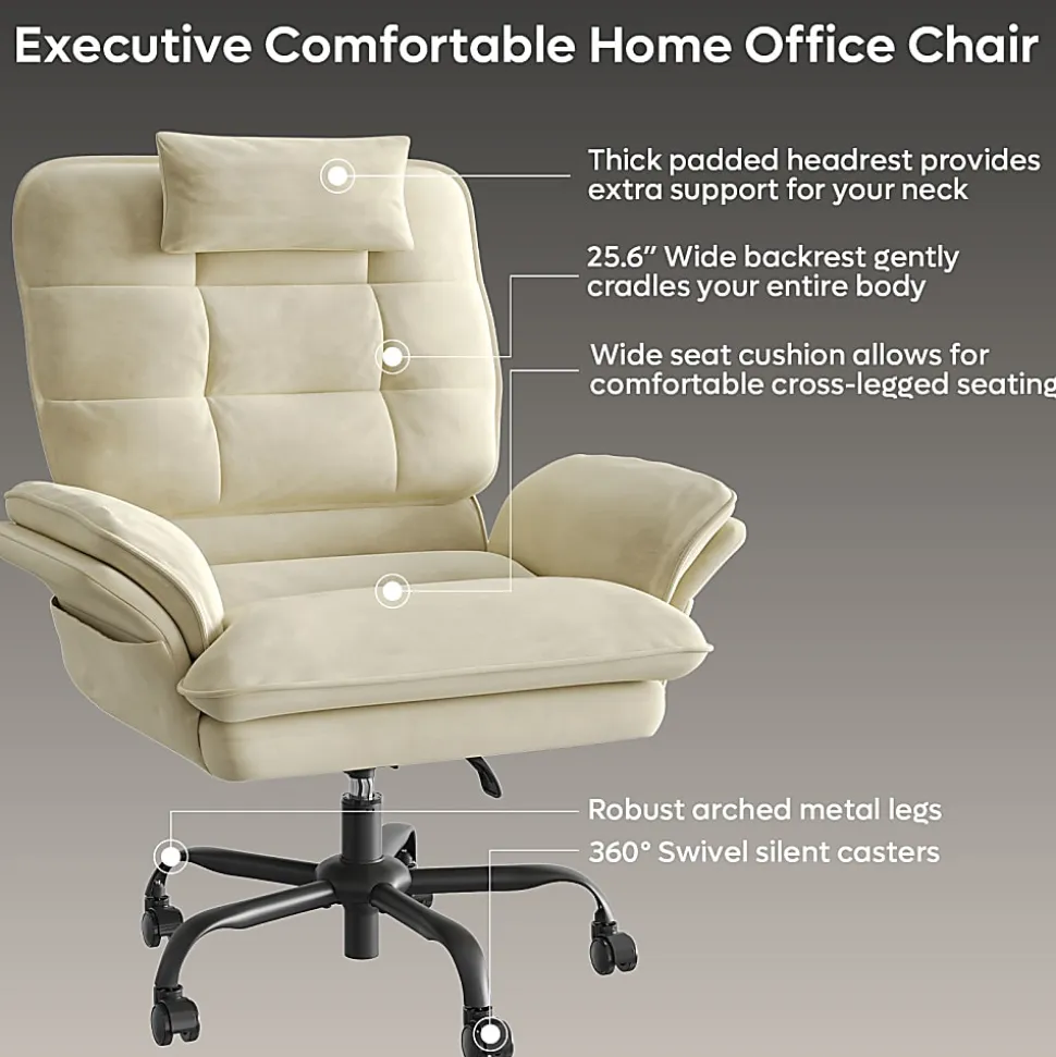 Bestier Ergonomic Velvet High-Back Swivel Executive Office Chair With Adjustable Padded Arms And Padded Headrest, Beige