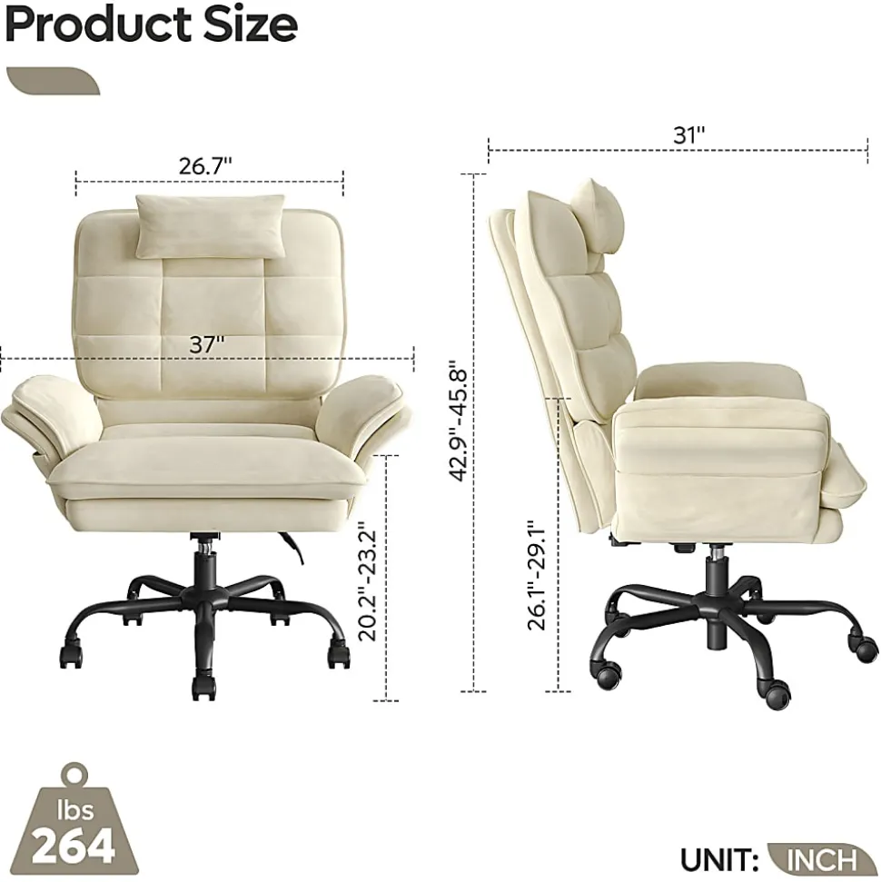 Bestier Ergonomic Velvet High-Back Swivel Executive Office Chair With Adjustable Padded Arms And Padded Headrest, Beige