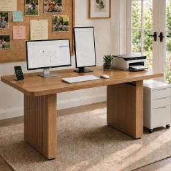 Bestier 63" Fluted Wood Executive Office Desk for Home Office , Brown