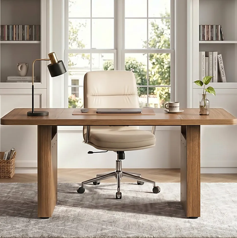 Bestier 63" Fluted Wood Executive Office Desk for Home Office , Brown
