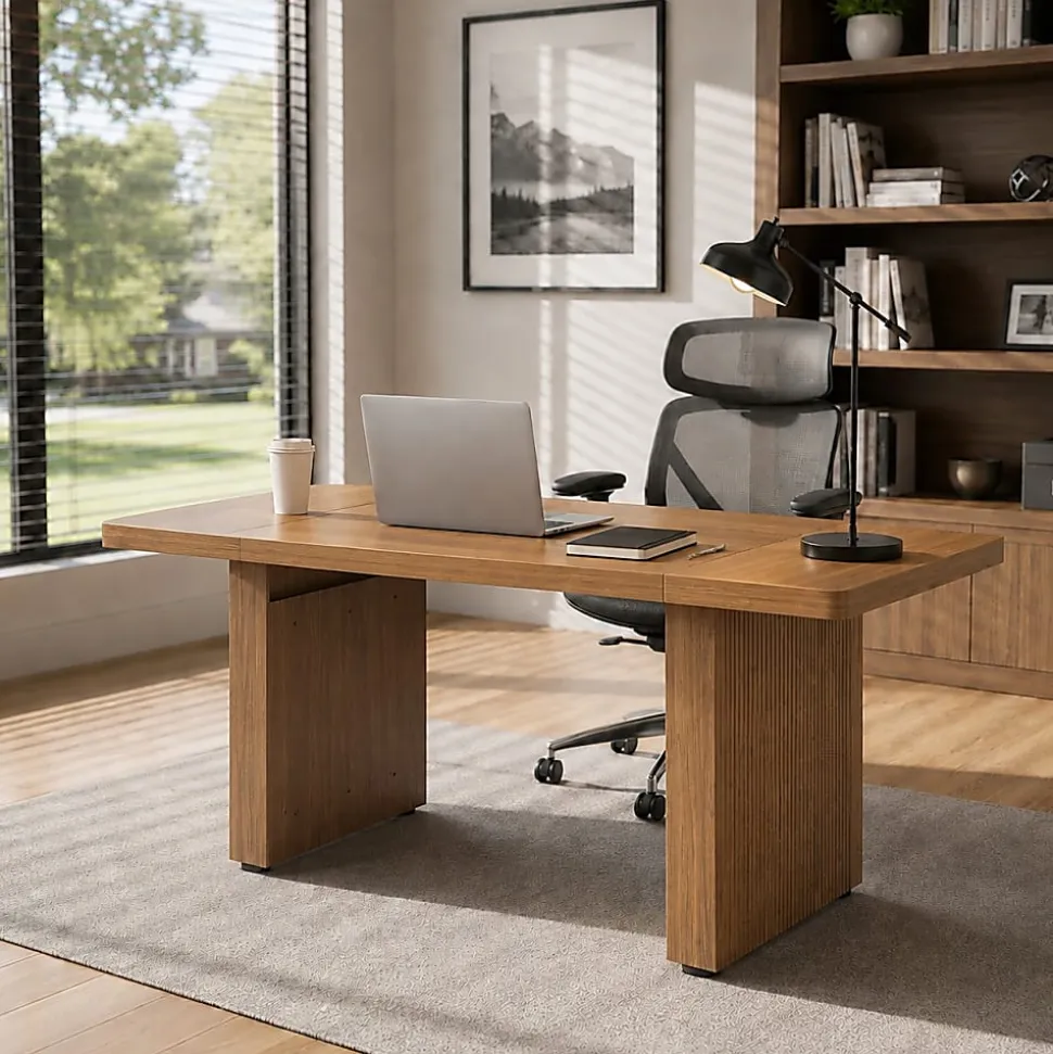 Bestier 63" Fluted Wood Executive Office Desk for Home Office , Brown
