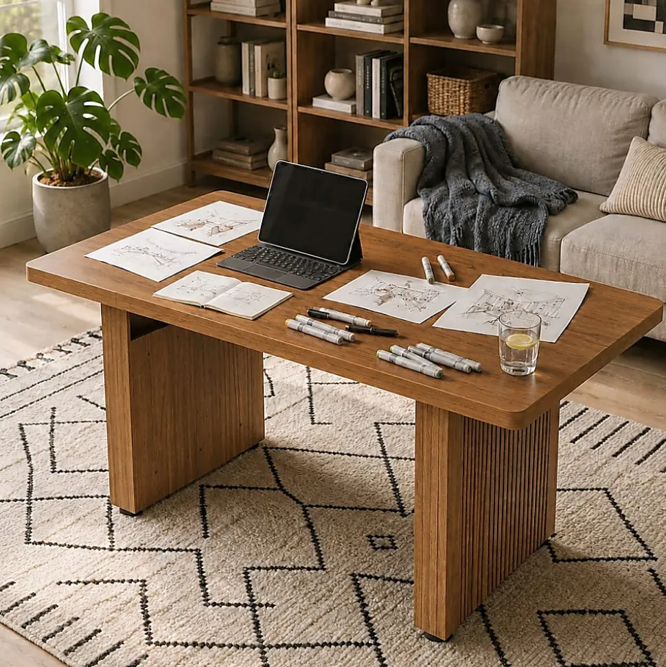 Bestier 63" Fluted Wood Executive Office Desk for Home Office , Brown