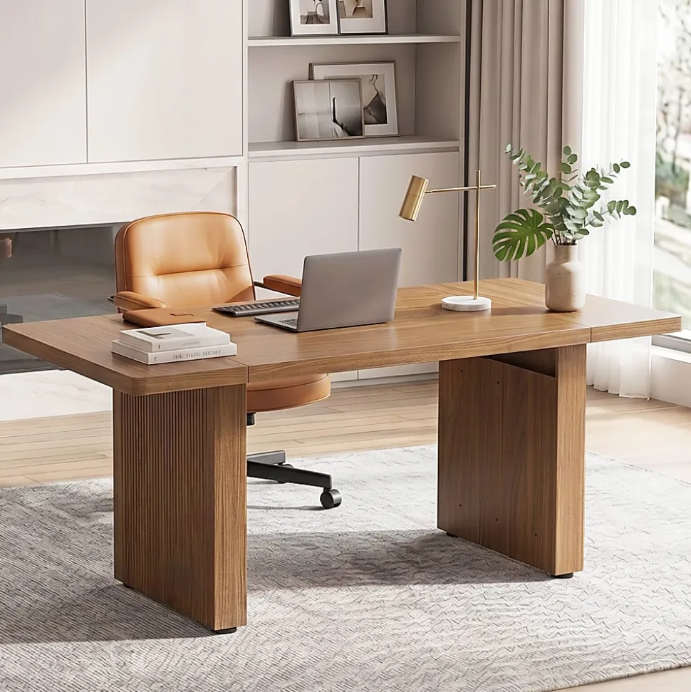 Bestier 63" Fluted Wood Executive Office Desk for Home Office , Brown