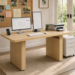 Bestier 63" Fluted Wood Executive Office Desk for Home Office , Natural Oak