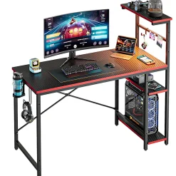 Bestier Gaming Computer Desk With RGB LED Lights And 4-Tier Storage Shelves, 44"W, Black Carbon Fiber