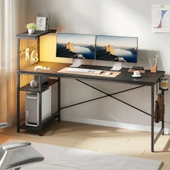 Bestier Gaming Computer Desk With RGB LED Lights And 4-Tier Storage Shelves, 61"W, Black Grained