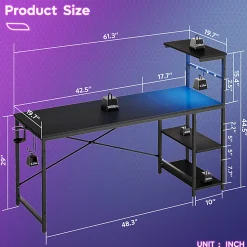 Bestier Gaming Computer Desk With RGB LED Lights And 4-Tier Storage Shelves, 61"W, Black Grained