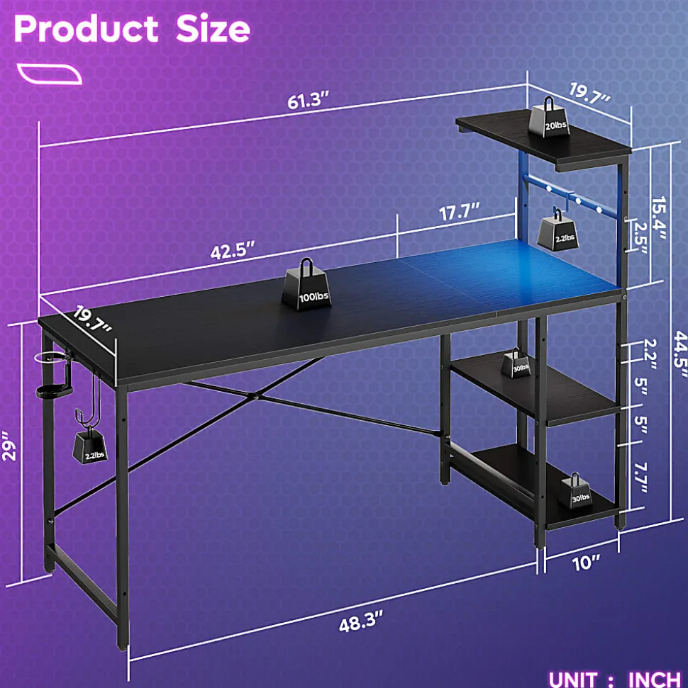 Bestier Gaming Computer Desk With RGB LED Lights And 4-Tier Storage Shelves, 61"W, Black Grained