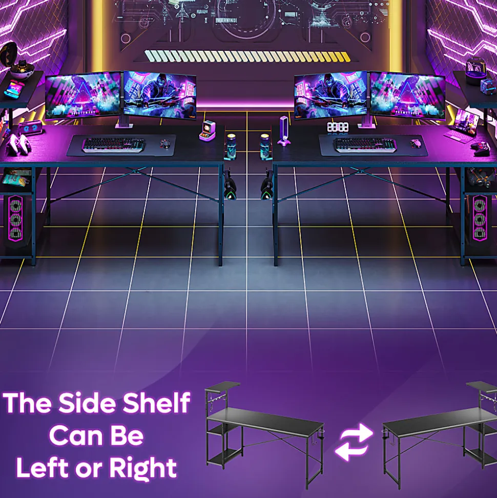 Bestier Gaming Computer Desk With RGB LED Lights And 4-Tier Storage Shelves, 61"W, Black Grained
