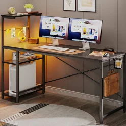 Bestier Gaming Computer Desk With RGB LED Lights And 4-Tier Storage Shelves, 61