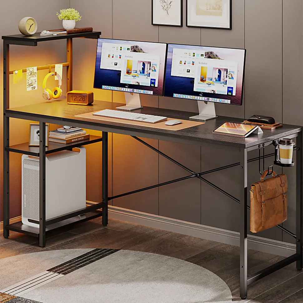 Bestier Gaming Computer Desk With RGB LED Lights And 4-Tier Storage Shelves, 61"W, Black Grained
