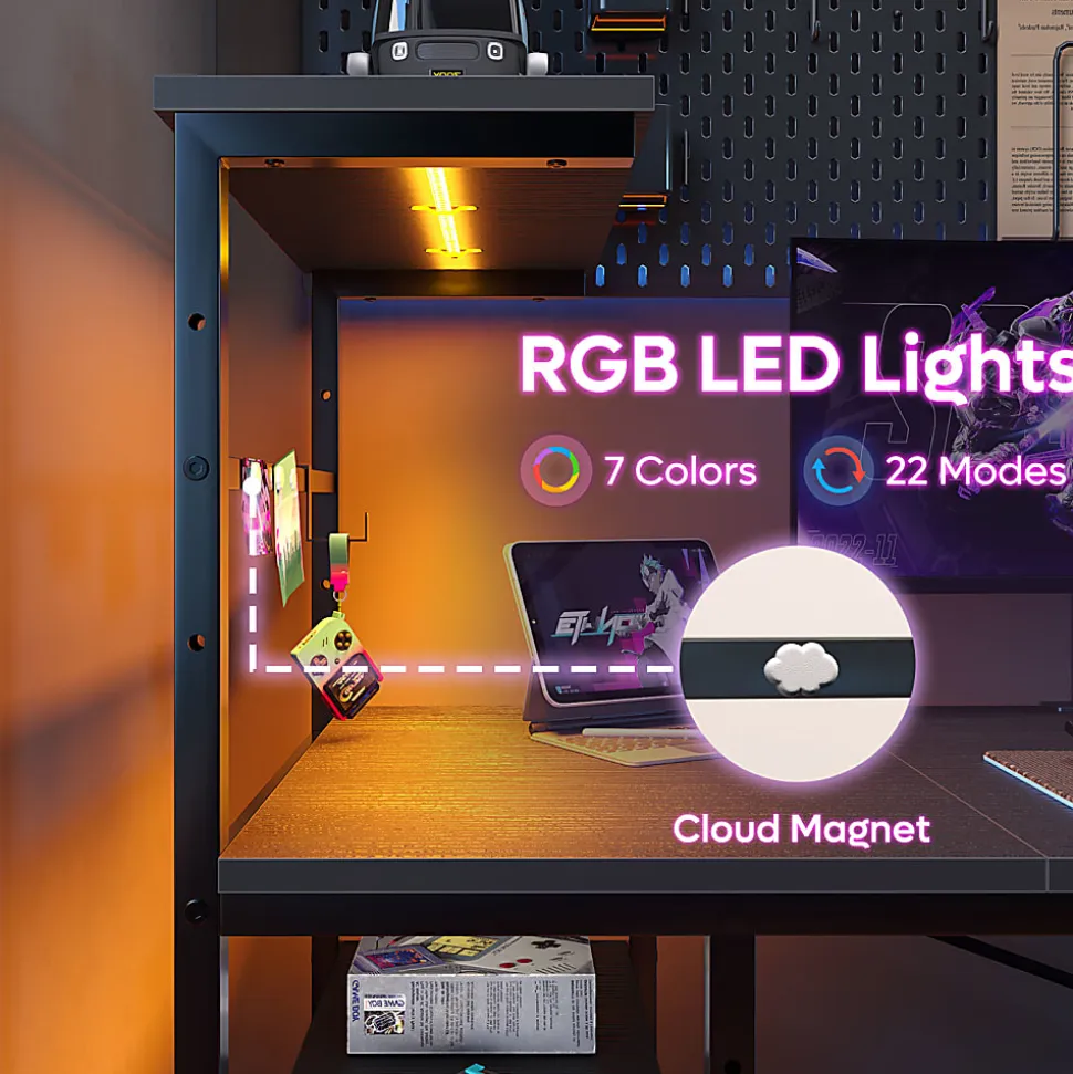 Bestier Gaming Computer Desk With RGB LED Lights And 4-Tier Storage Shelves, 61"W, Black Grained
