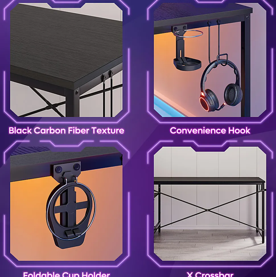 Bestier Gaming Computer Desk With RGB LED Lights And 4-Tier Storage Shelves, 61"W, Black Grained