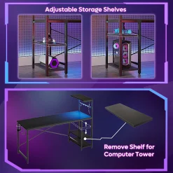 Bestier Gaming Computer Desk With RGB LED Lights And 4-Tier Storage Shelves, 61