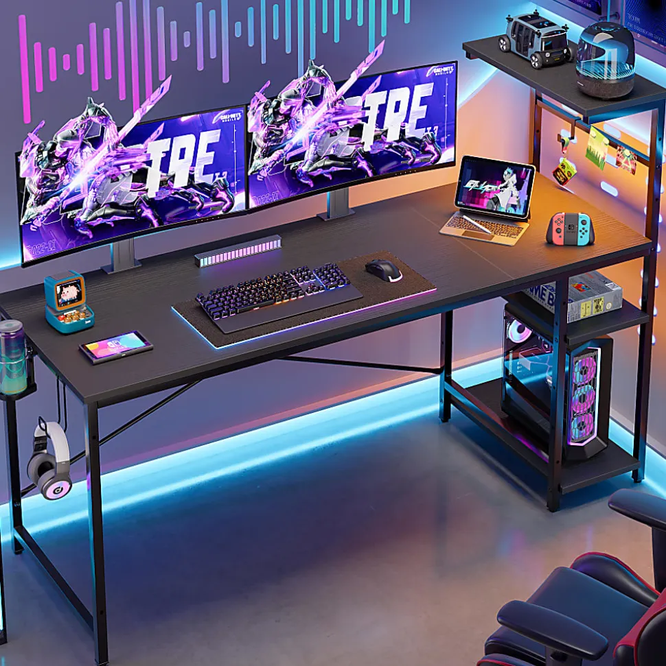 Bestier Gaming Computer Desk With RGB LED Lights And 4-Tier Storage Shelves, 61"W, Black Grained