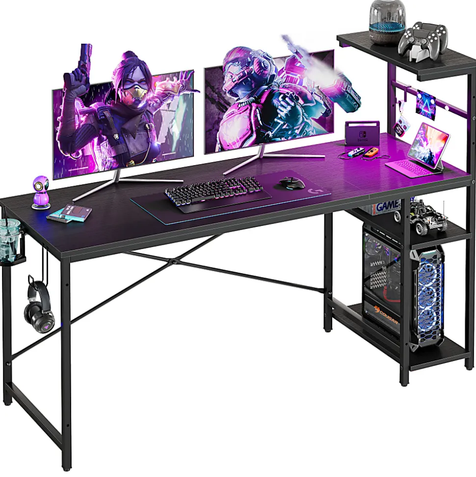 Bestier Gaming Computer Desk With RGB LED Lights And 4-Tier Storage Shelves, 61"W, Black Grained