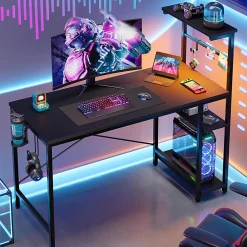 Bestier Gaming Computer Desk With RGB LED Lights And 4-Tier Storage Shelves, 44"W, Black Grained