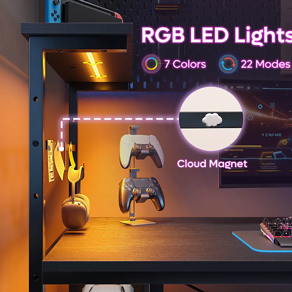 Bestier Gaming Computer Desk With RGB LED Lights And 4-Tier Storage Shelves, 44"W, Black Grained