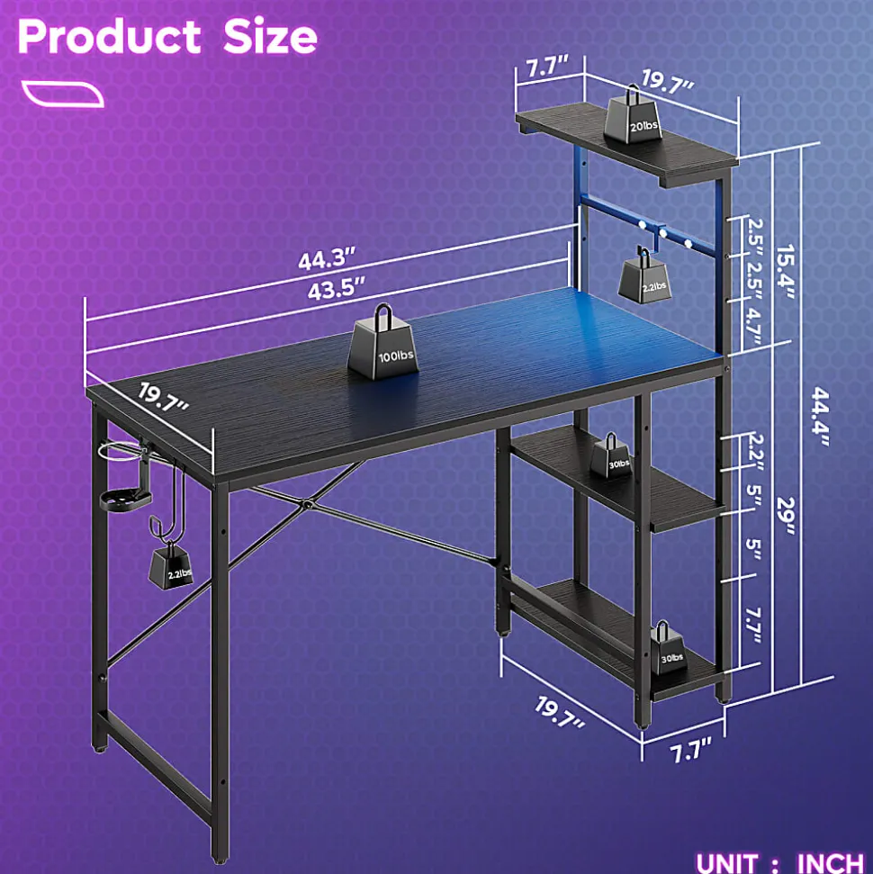 Bestier Gaming Computer Desk With RGB LED Lights And 4-Tier Storage Shelves, 44"W, Black Grained