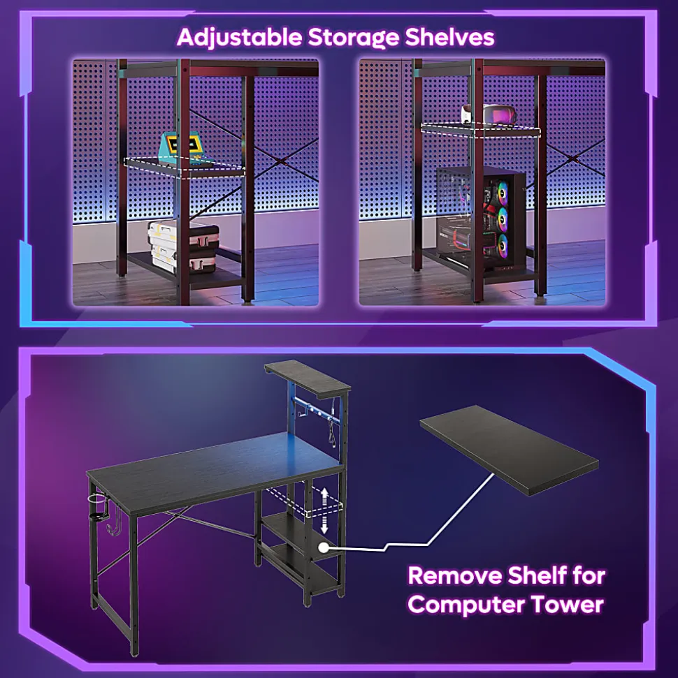 Bestier Gaming Computer Desk With RGB LED Lights And 4-Tier Storage Shelves, 44"W, Black Grained