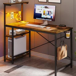 Bestier Gaming Computer Desk With RGB LED Lights And 4-Tier Storage Shelves, 45"W, Rustic Brown