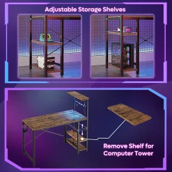 Bestier Gaming Computer Desk With RGB LED Lights And 4-Tier Storage Shelves, 45"W, Rustic Brown