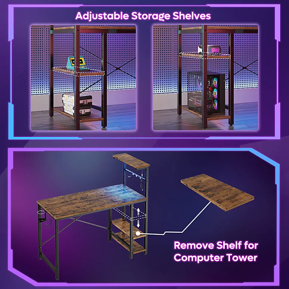 Bestier Gaming Computer Desk With RGB LED Lights And 4-Tier Storage Shelves, 45"W, Rustic Brown