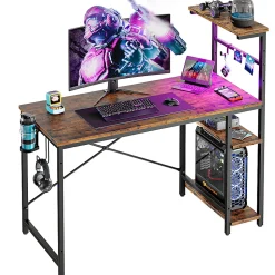 Bestier Gaming Computer Desk With RGB LED Lights And 4-Tier Storage Shelves, 45