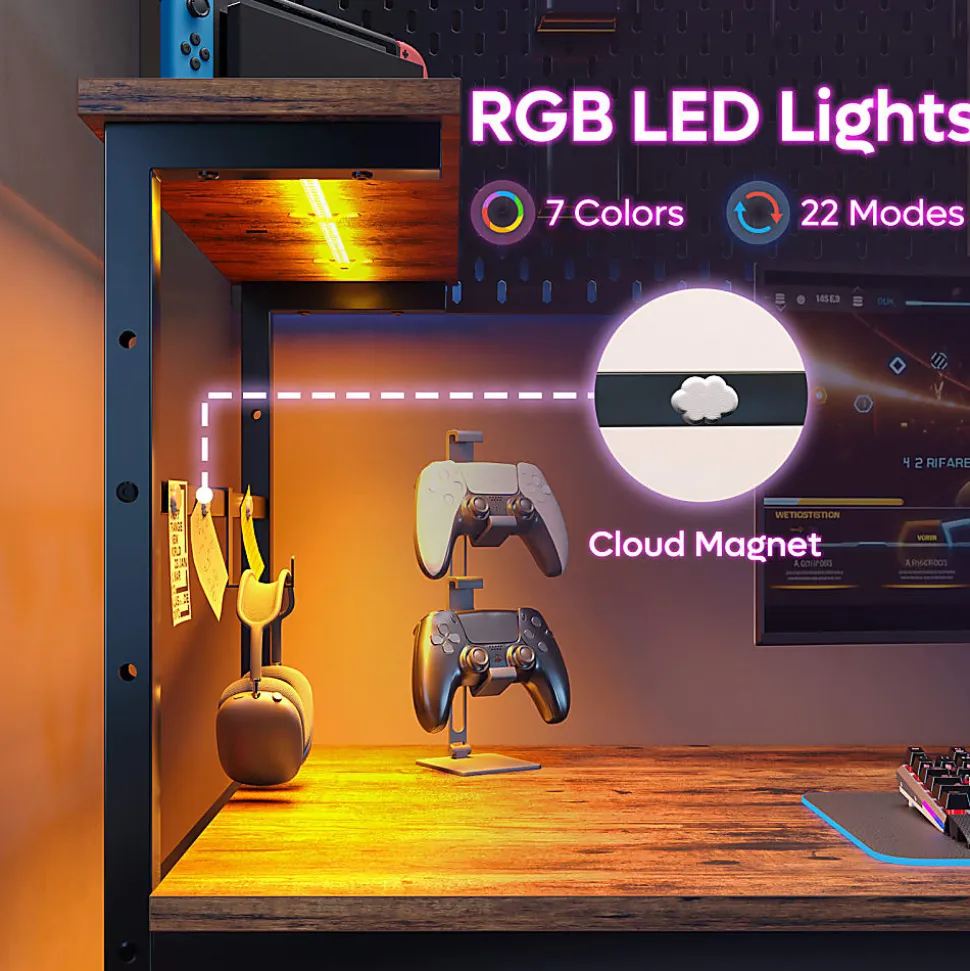 Bestier Gaming Computer Desk With RGB LED Lights And 4-Tier Storage Shelves, 45"W, Rustic Brown