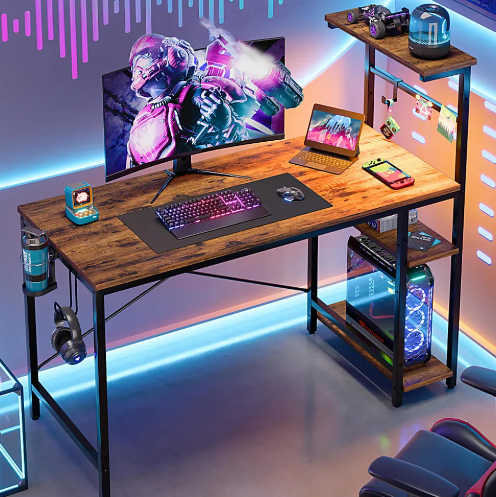 Bestier Gaming Computer Desk With RGB LED Lights And 4-Tier Storage Shelves, 45"W, Rustic Brown