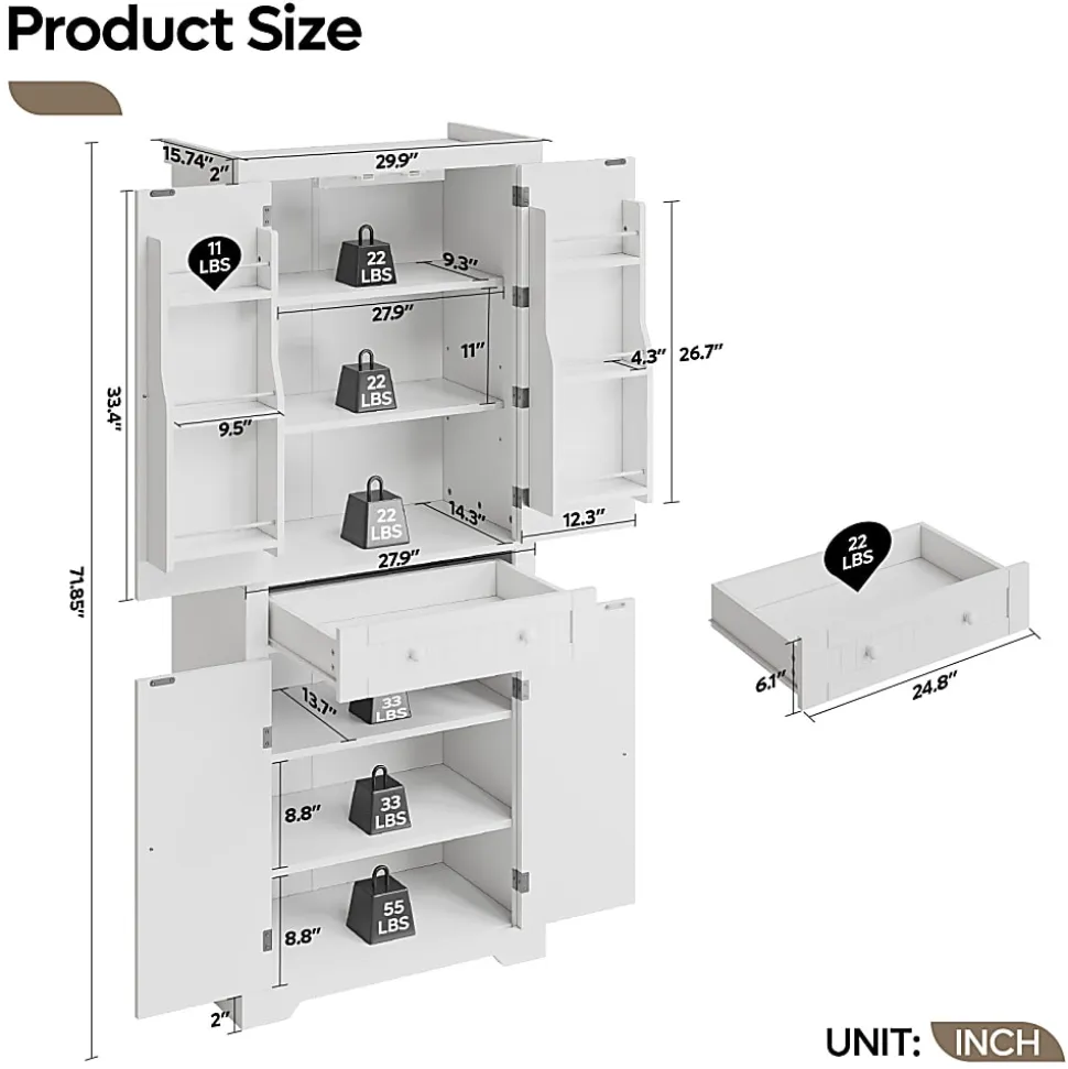 Bestier 72"H 6-Shelf Storage Cabinet With Doors, White, K600676CJCWH
