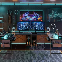 Bestier L-Shaped Corner Computer Desk With Storage Shelf, Monitor Stands, Side Pocket And Tray, 60