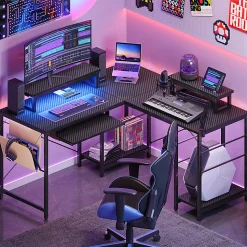 Bestier L-Shaped Corner Computer Desk With Storage Shelf, Monitor Stands, Side Pocket And Tray, 60
