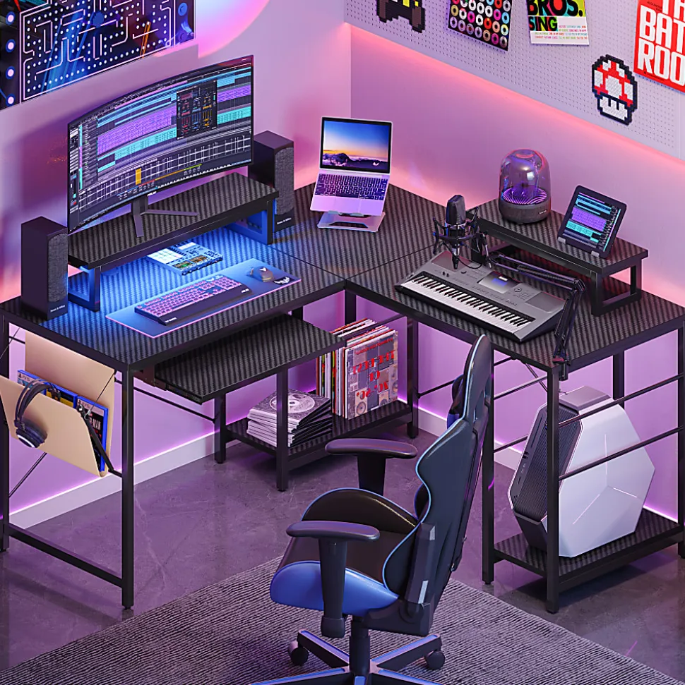 Bestier L-Shaped Corner Computer Desk With Storage Shelf, Monitor Stands, Side Pocket And Tray, 60"W, Black Carbon Fiber