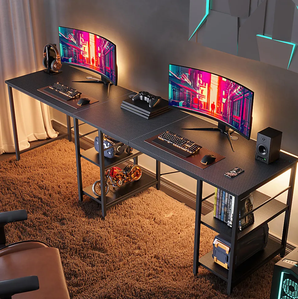 Bestier L-Shaped Corner Computer Desk With Storage Shelf, And Cord Management, 60"W, Black Carbon Fiber
