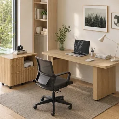 Bestier 70” L-Shaped Executive Desk Fluted Wood Home Office Workstation with Rolling File Cabinet, Natural Oak