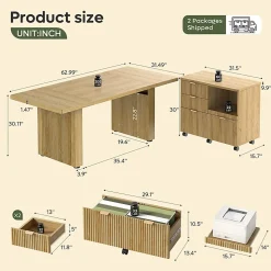 Bestier 70” L-Shaped Executive Desk Fluted Wood Home Office Workstation with Rolling File Cabinet, Natural Oak