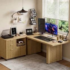 Bestier 70” L-Shaped Executive Desk Fluted Wood Home Office Workstation with Rolling File Cabinet, Natural Oak