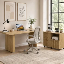 Bestier 70” L-Shaped Executive Desk Fluted Wood Home Office Workstation with Rolling File Cabinet, Natural Oak