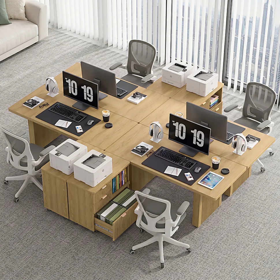 Bestier 70” L-Shaped Executive Desk Fluted Wood Home Office Workstation with Rolling File Cabinet, Natural Oak