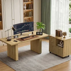 Bestier 70” L-Shaped Executive Desk Fluted Wood Home Office Workstation with Rolling File Cabinet, Natural Oak