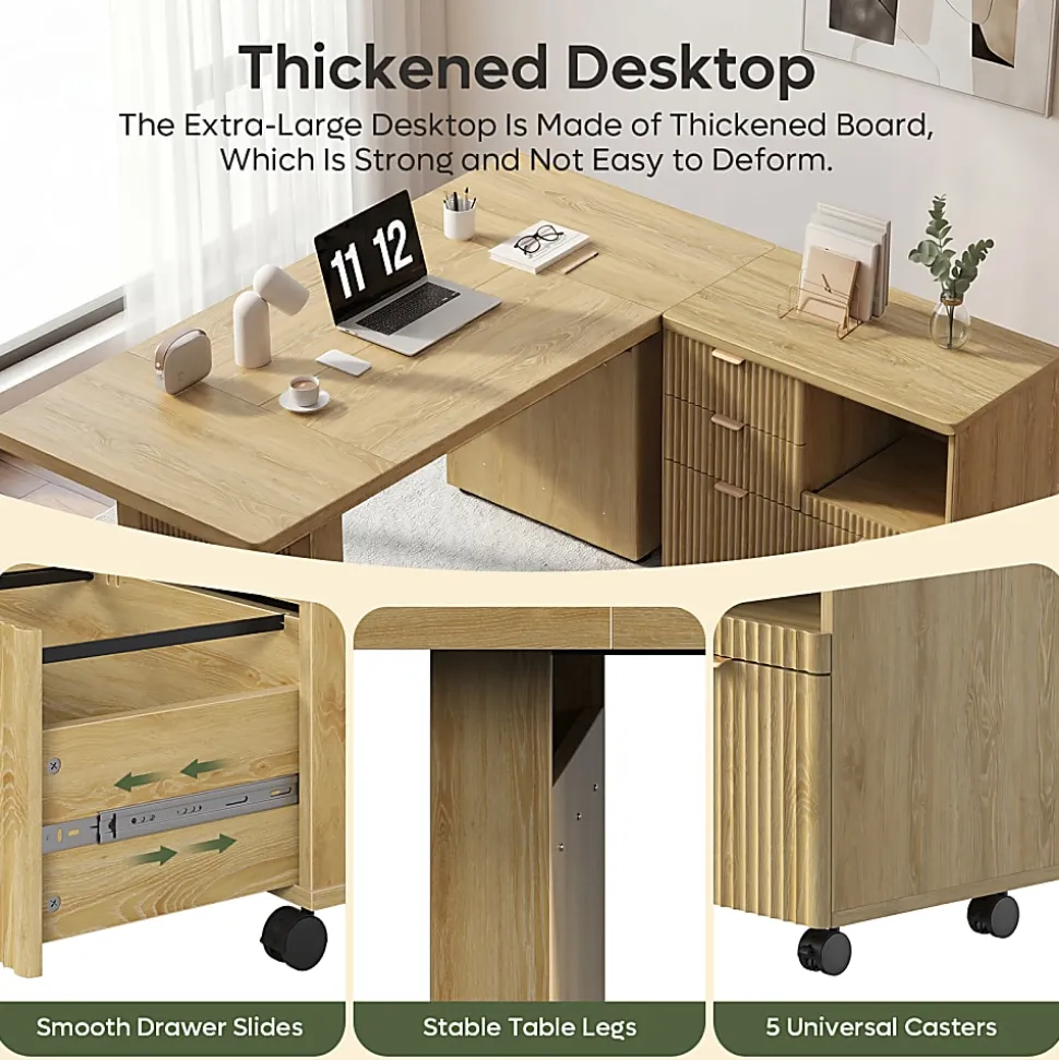 Bestier 70” L-Shaped Executive Desk Fluted Wood Home Office Workstation with Rolling File Cabinet, Natural Oak