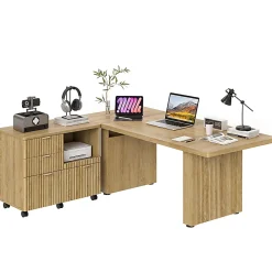 Bestier 70” L-Shaped Executive Desk Fluted Wood Home Office Workstation with Rolling File Cabinet, Natural Oak