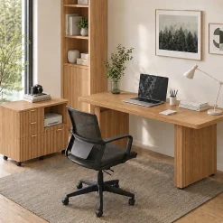Bestier 70” L-Shaped Executive Desk Fluted Wood Home Office Workstation with Rolling File Cabinet , Brown