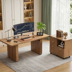 Bestier 70” L-Shaped Executive Desk Fluted Wood Home Office Workstation with Rolling File Cabinet , Brown